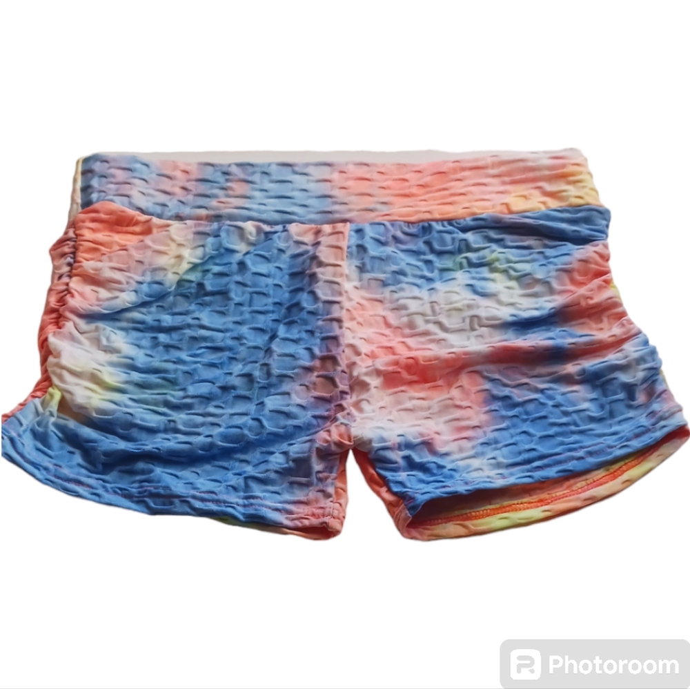 EMME JORDAN Butt-Sculpting Coral, Yellow & BlueTie-Dye Yoga shorts Size L